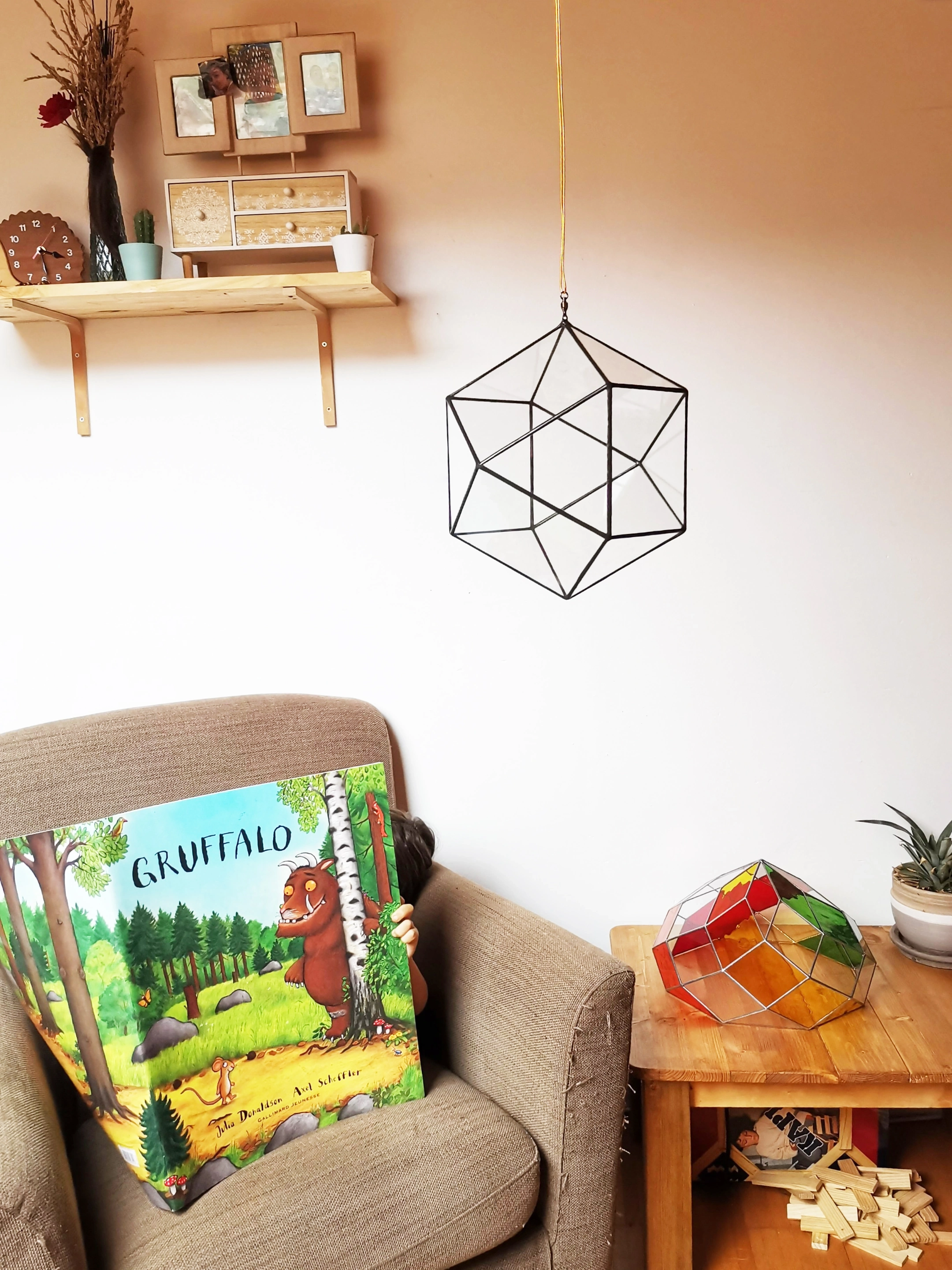 Hanging cuboctahedron in clear glass