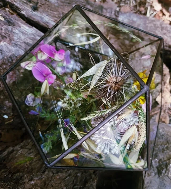 Open geometry filled with dried flowers